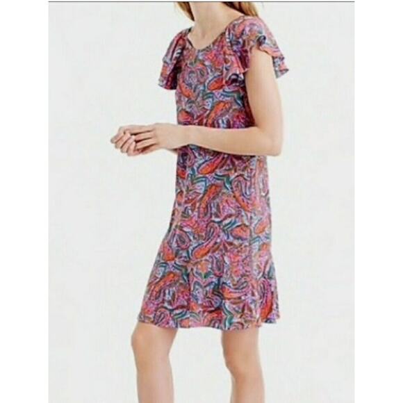 J Crew Silk Dress Size 2 Pink Paisley Ruffled Preppy Country Club Spring - Picture 1 of 9
